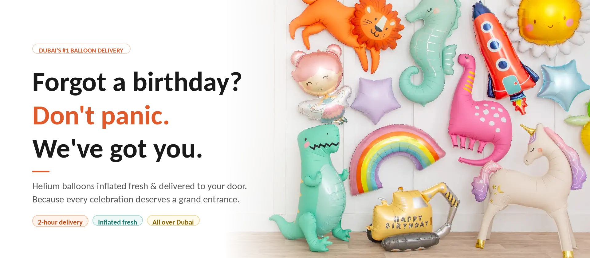 Colorful inflatable balloons including a dinosaur, rainbow, and unicorn on a white background with promotional text.
